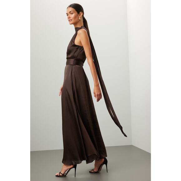 SACHIN & BABI Brown Sleeveless Tie Neck Banded Waist Kayla A-Line Gown Size 0 - Picture 2 of 14